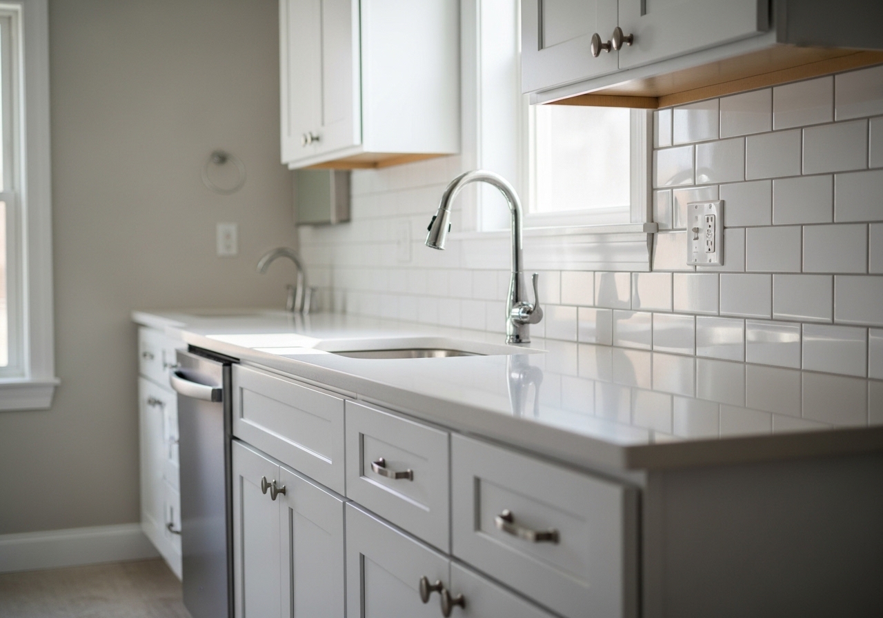 Renovated kitchen with white cabinetry, quartz counters, and subway tile backsplash