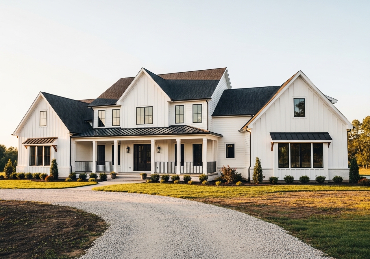 Modern farmhouse with white siding, black shutters, and wraparound porch in Hamilton County