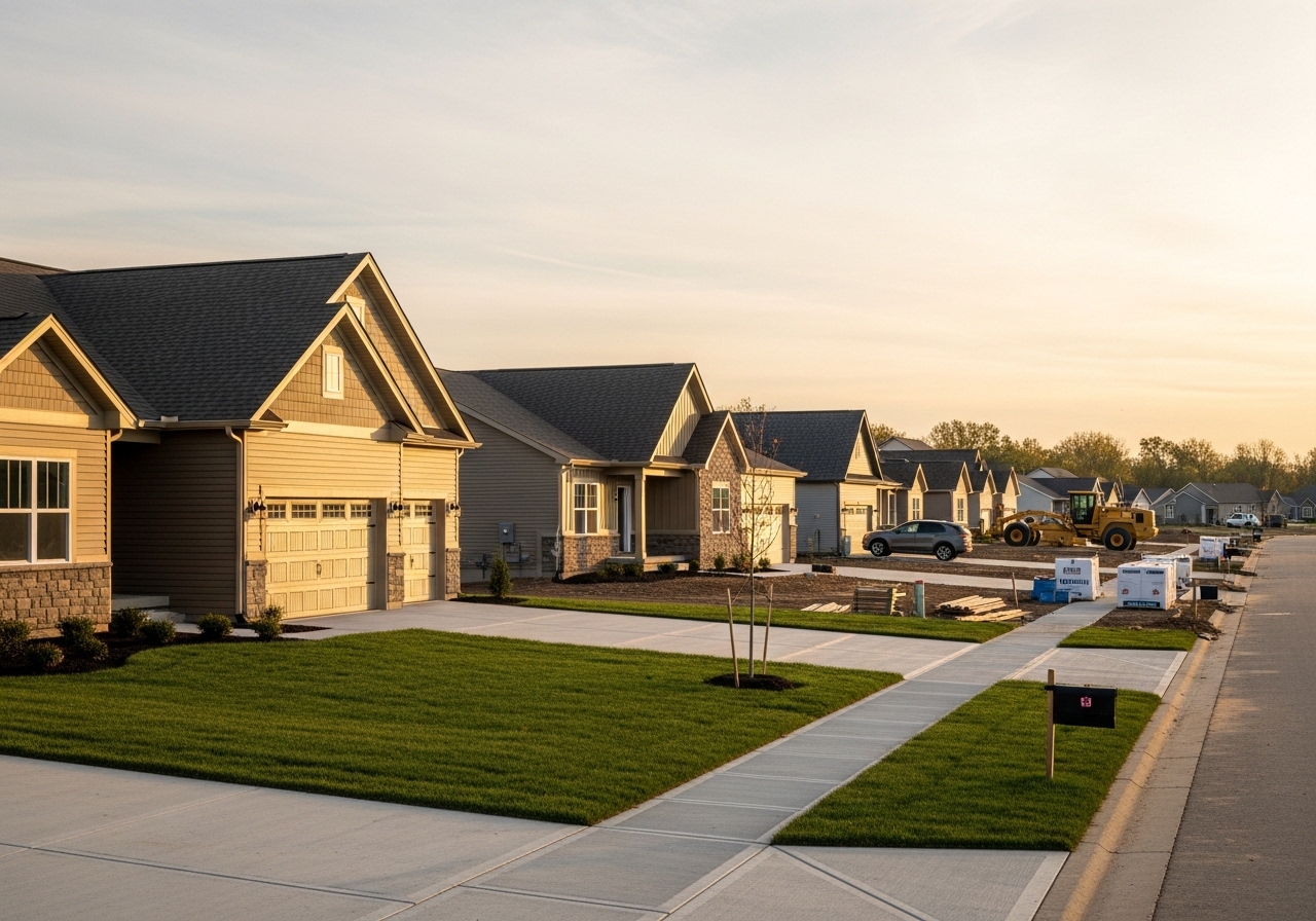 Aerial view of 12-home neighborhood with varied architectural styles in Delaware