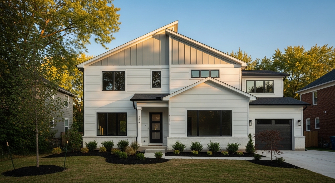Modern home exterior with landscaping in a Cincinnati neighborhood, showing front entrance and driveway.