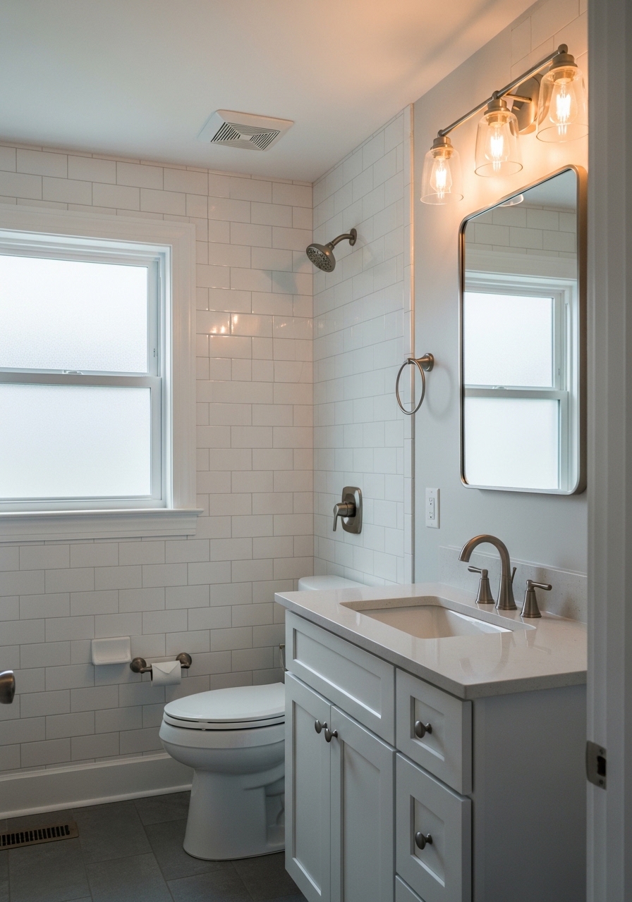 Interior view of a remodeled Fairfield County home showing updated bathroom with new fixtures and finishes.