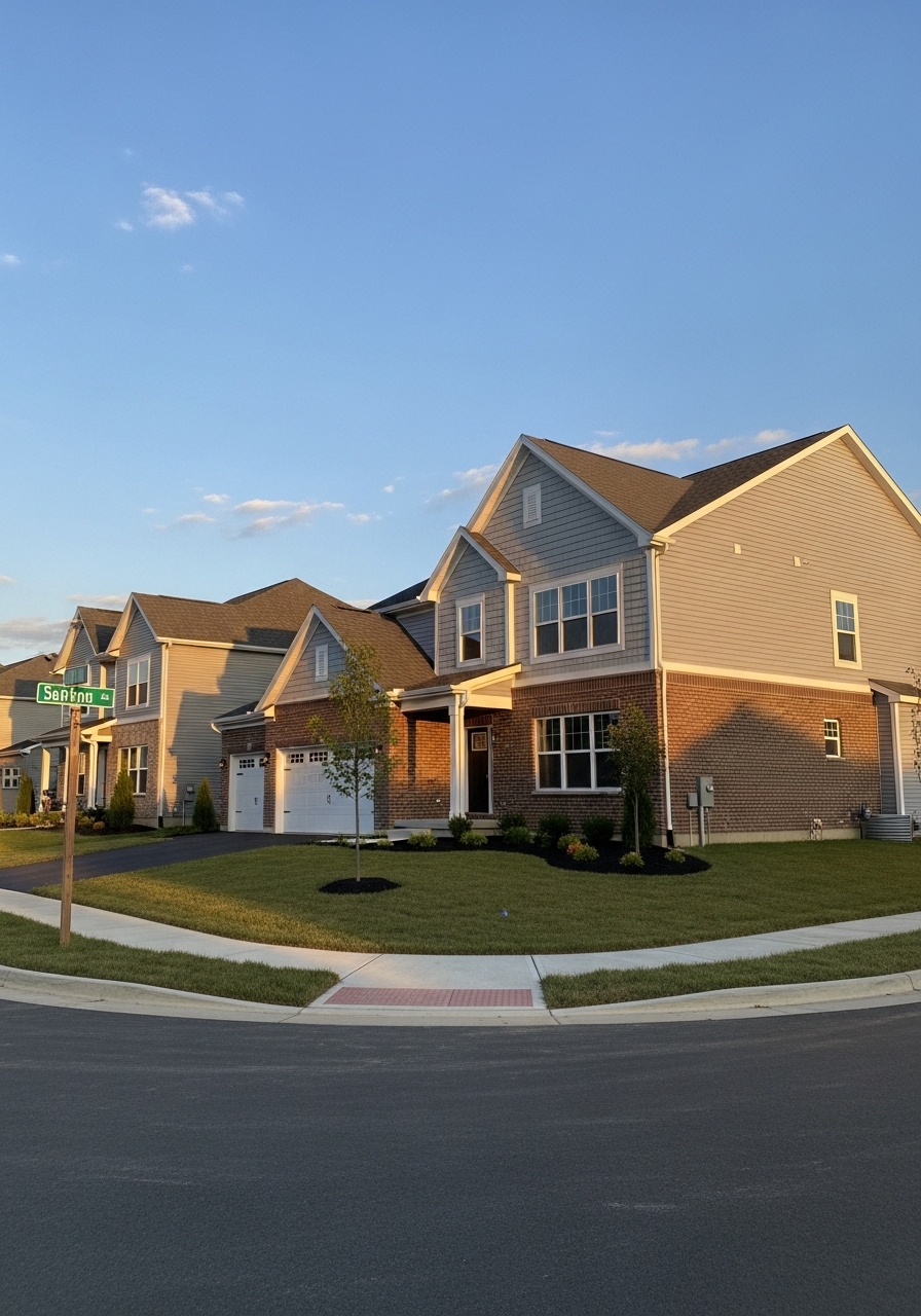 Street-level view of newly constructed homes in a Franklin County neighborhood with mature landscaping and sidewalks.