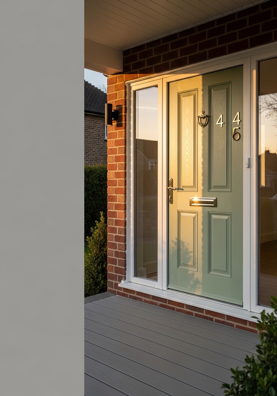 Close-up of home entrance with updated door, hardware, and welcoming front porch in a Hamilton County property.