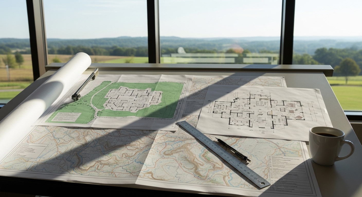 A detailed new home floor plan laid flat on a table with a Cincinnati residential lot site drawing beside it. A builder reviews room layout and exterior orientation markings during a home design planning session.