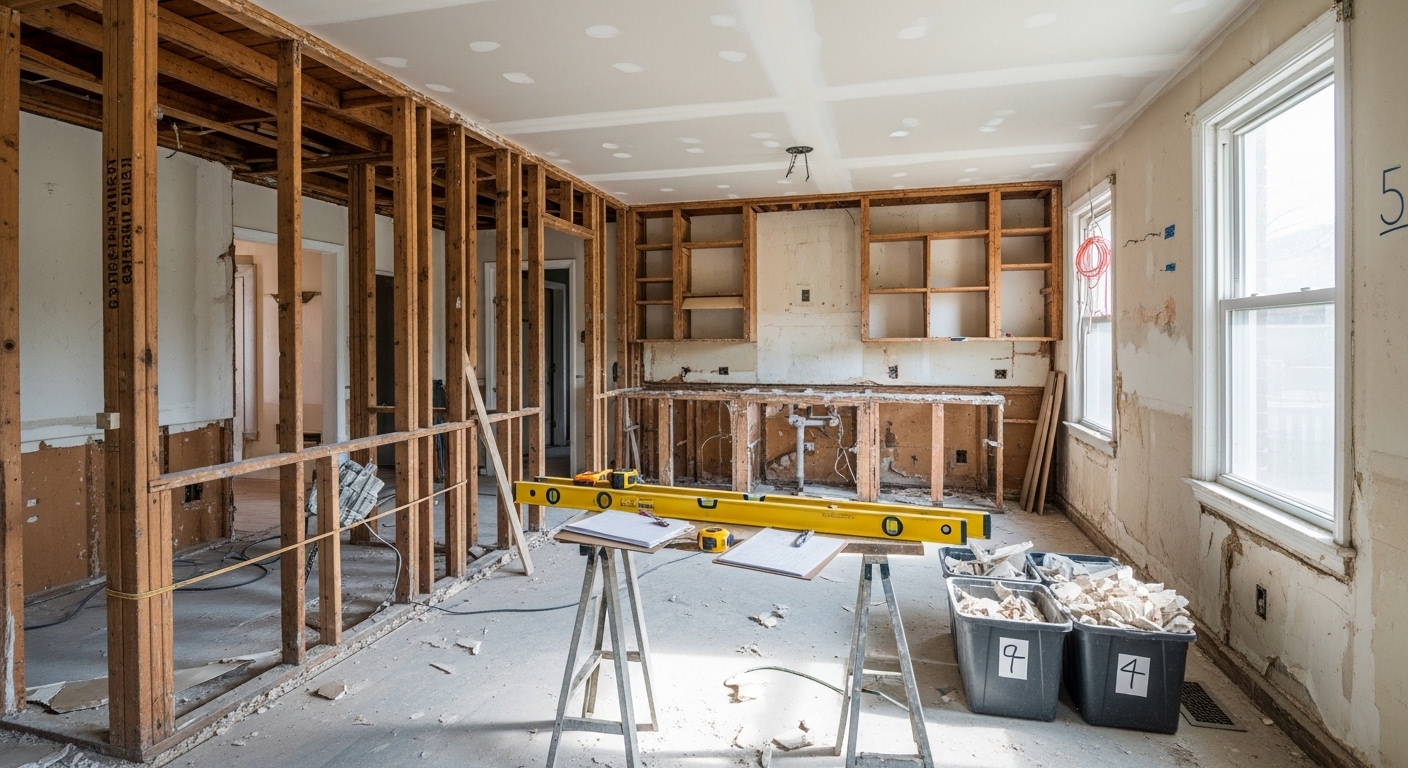 Remodeled interior of a Cincinnati, OH home showing an open-concept kitchen and living area with updated cabinetry, hardwood flooring, and modern lighting. The renovation reflects a common layout update seen in older Cincinnati housing stock.