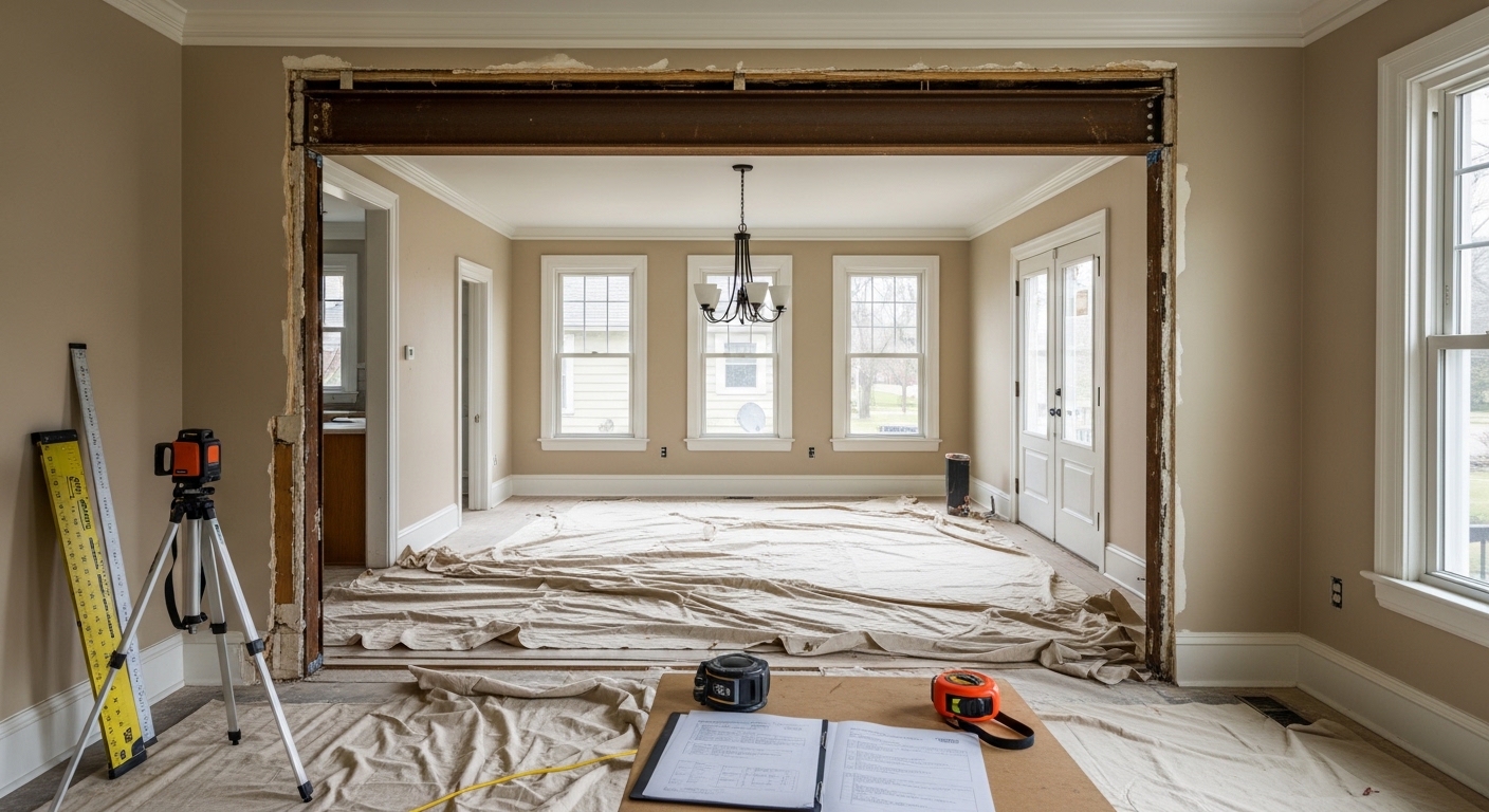 A Cincinnati home's main living area after open floor plan remodeling by Autumnwood Homes INC, showing a connected kitchen, dining, and living space with improved natural light and no dividing walls. The remodeled interior reflects a clean, functional layout typical of updated older Cincinnati homes.